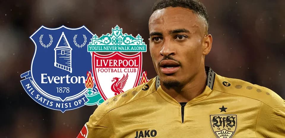 Jugador con camisetas de Everton y Liverpool de fondo