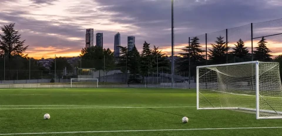 Campo de fútbol con dos balones y edificios al fondo