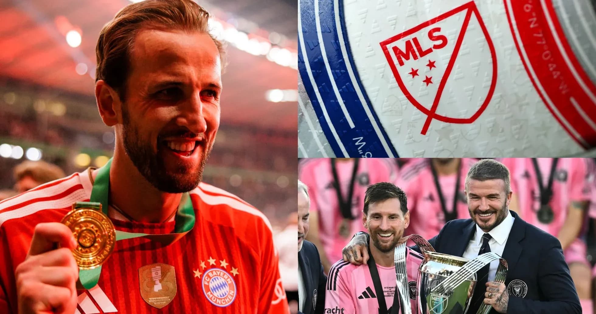 Harry Kane celebrating with medal and MLS logo