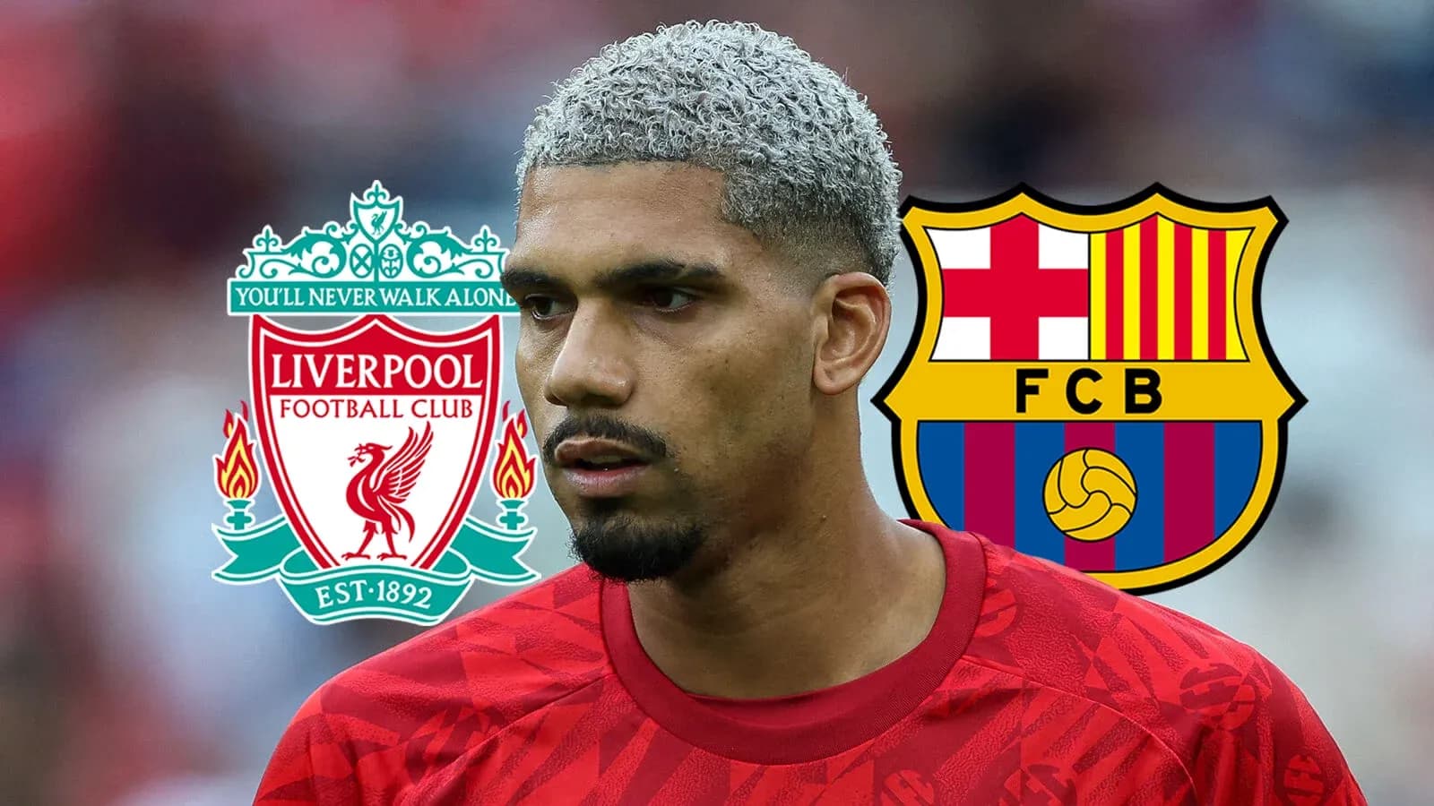 Jugador con camiseta roja frente a logotipos de Liverpool y Barcelona