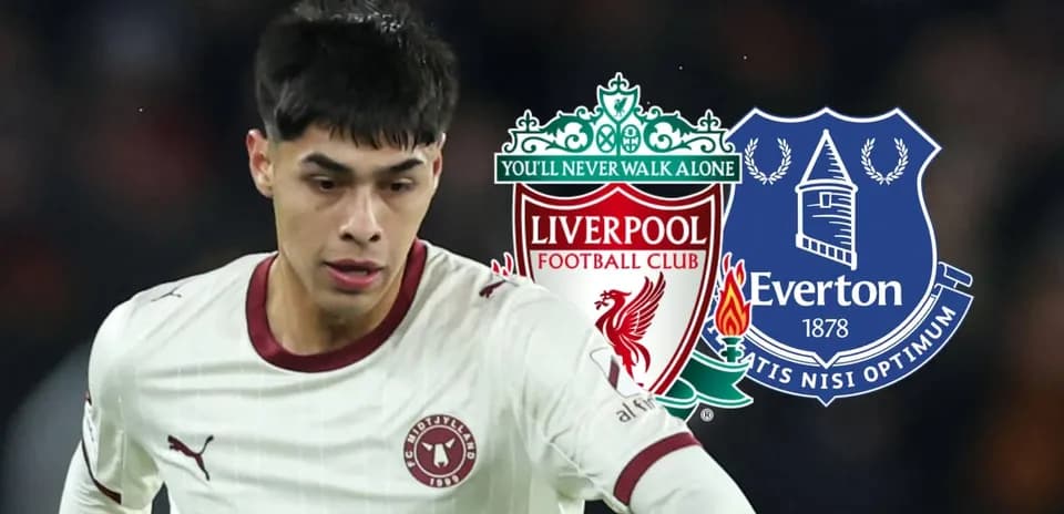 Jugador corriendo con logotipos de Liverpool y Everton