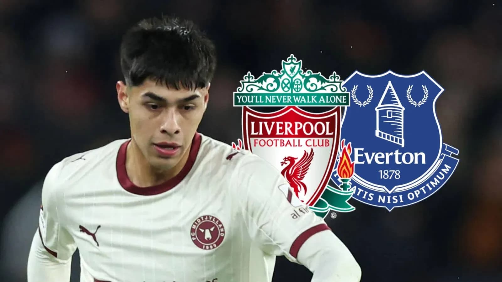Jugador corriendo con logotipos de Liverpool y Everton