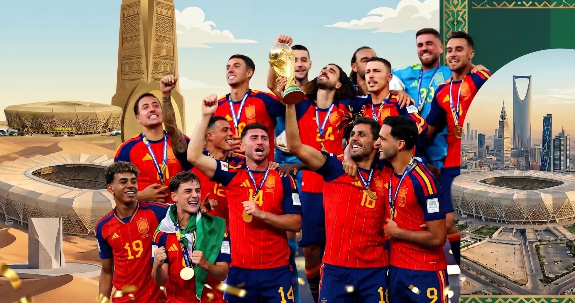 Equipo de España celebrando victoria con trofeo