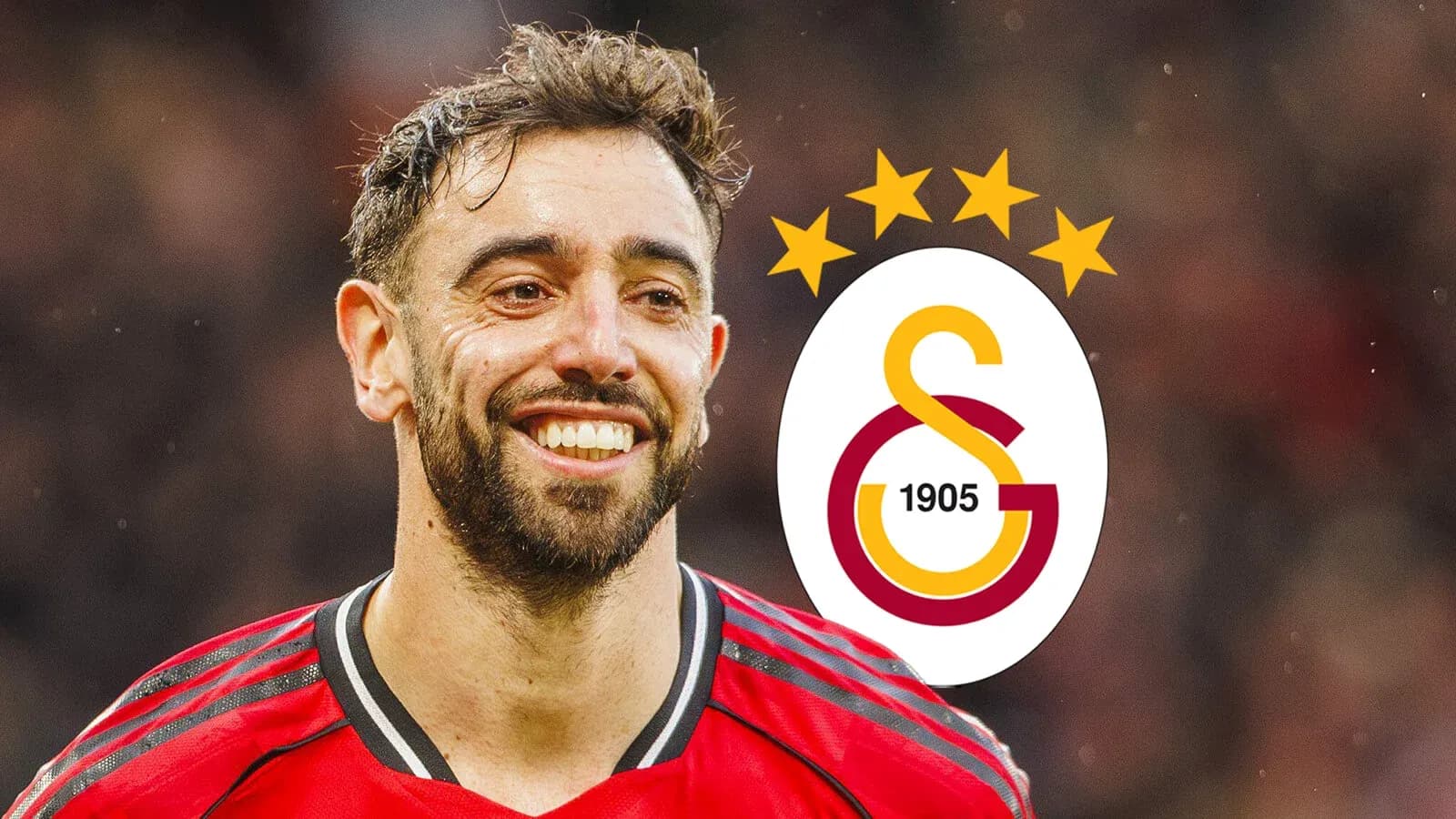 Jugador sonriente con camiseta roja y logo de Galatasaray