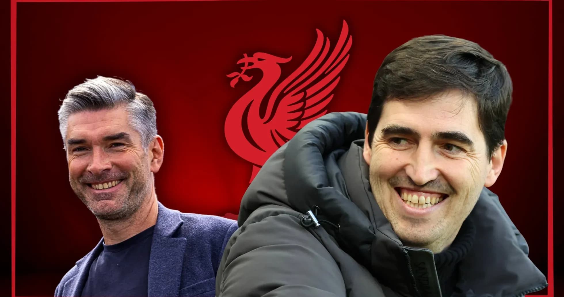 Dos entrenadores sonriendo con fondo de Liverpool