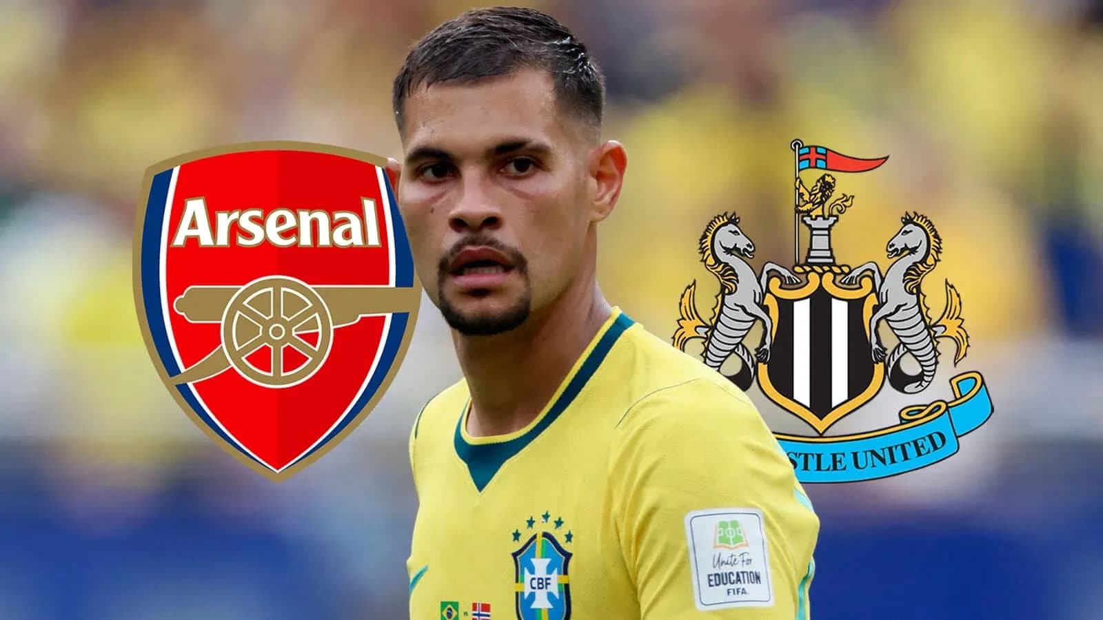 Jugador brasileño con escudos de Arsenal y Newcastle
