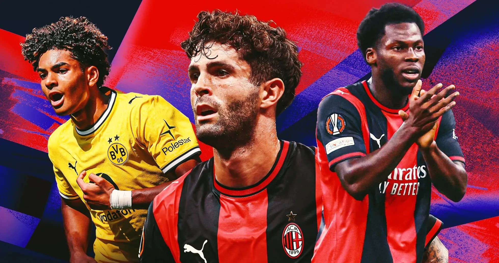 Jugadores de Borussia Dortmund y AC Milan en fondo colorido