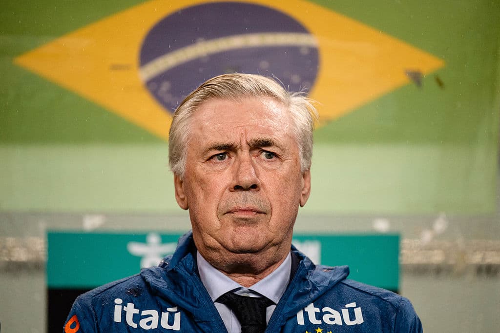 Entrenador en la zona técnica con bandera de Brasil