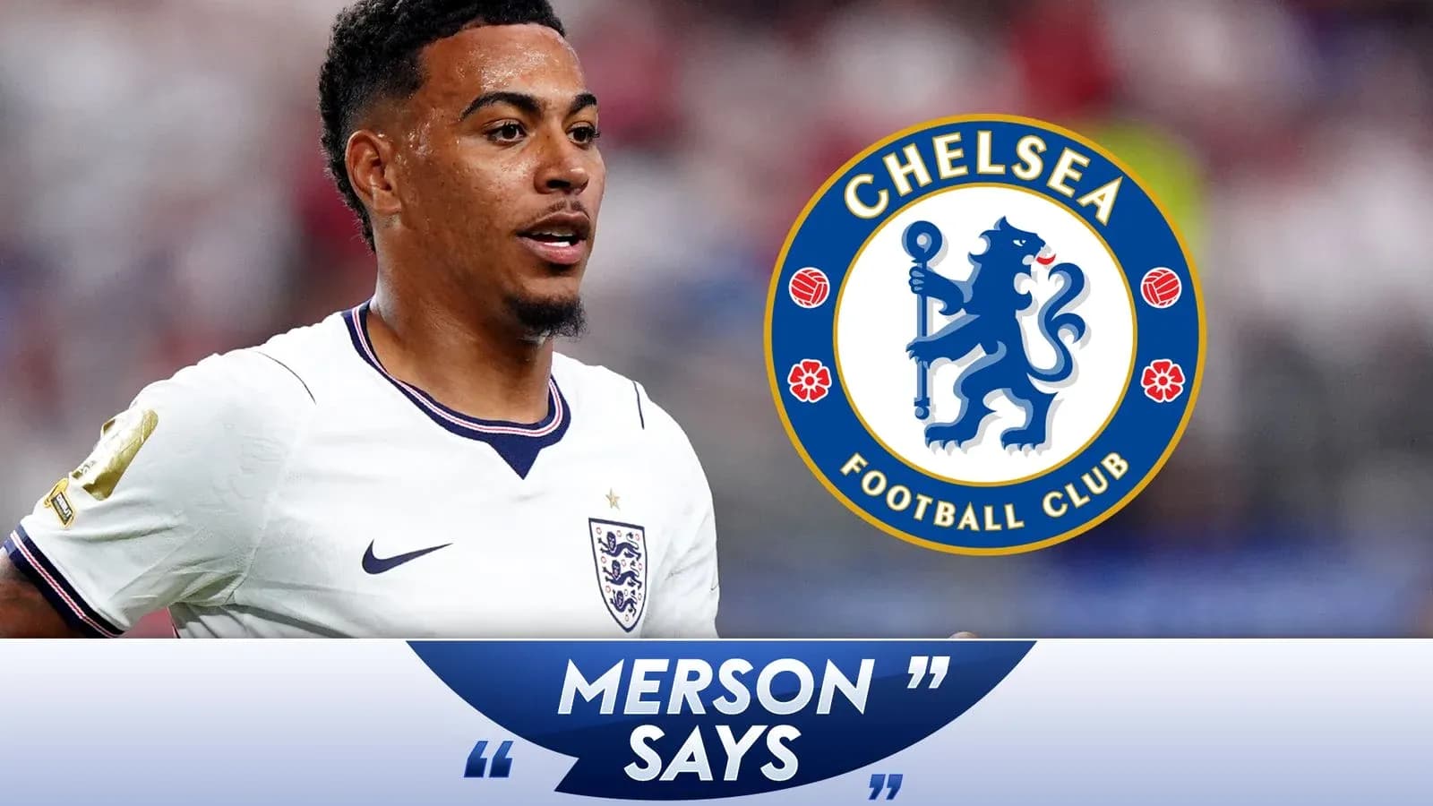 Jugador de Inglaterra con uniforme de fútbol cerca de logo de Chelsea
