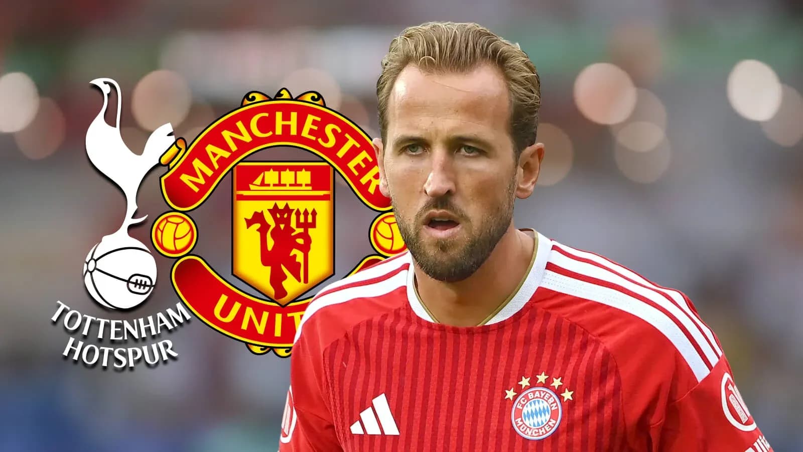 Jugador de Bayern Múnich con logos de Tottenham y Manchester United