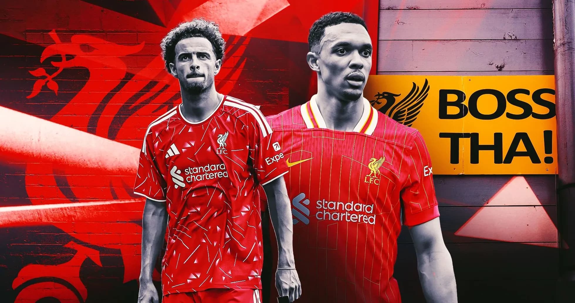 Jugadores de Liverpool en camisetas rojas con fondo gráfico