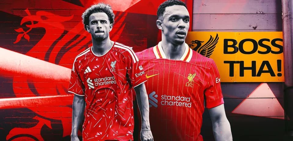 Jugadores de Liverpool en camisetas rojas con fondo gráfico