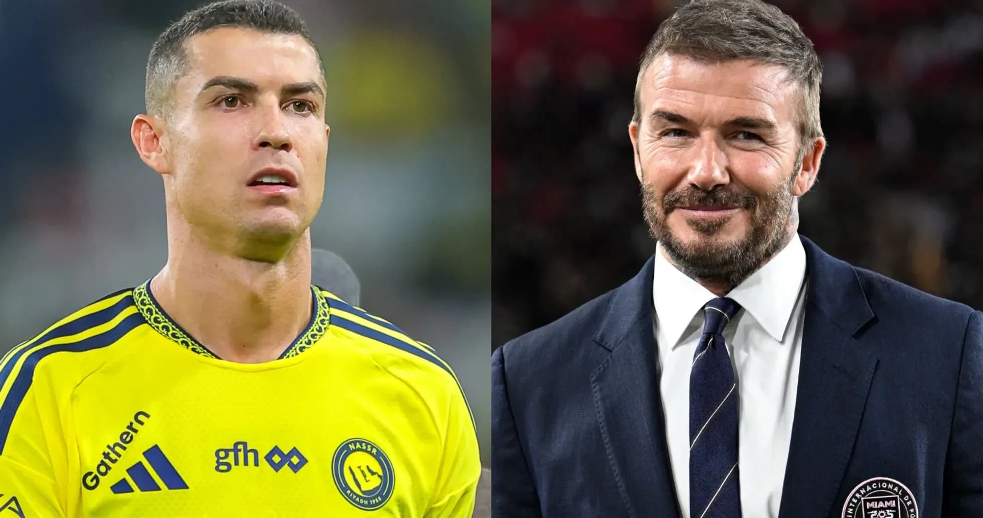 Cristiano Ronaldo en uniforme y David Beckham en traje