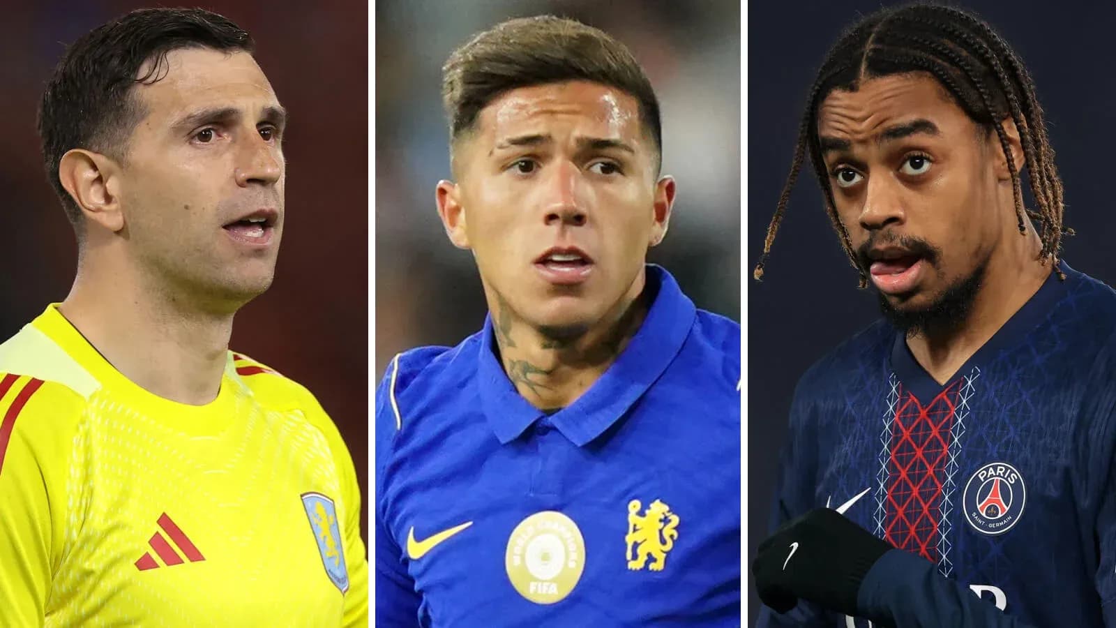 Tres futbolistas en diferentes camisetas de clubes