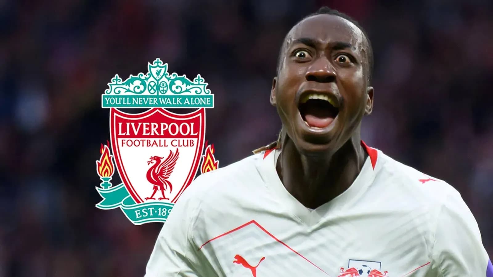 Jugador celebrando con el logo de Liverpool de fondo Jugador celebrando con el logo de Liverpool de fondo