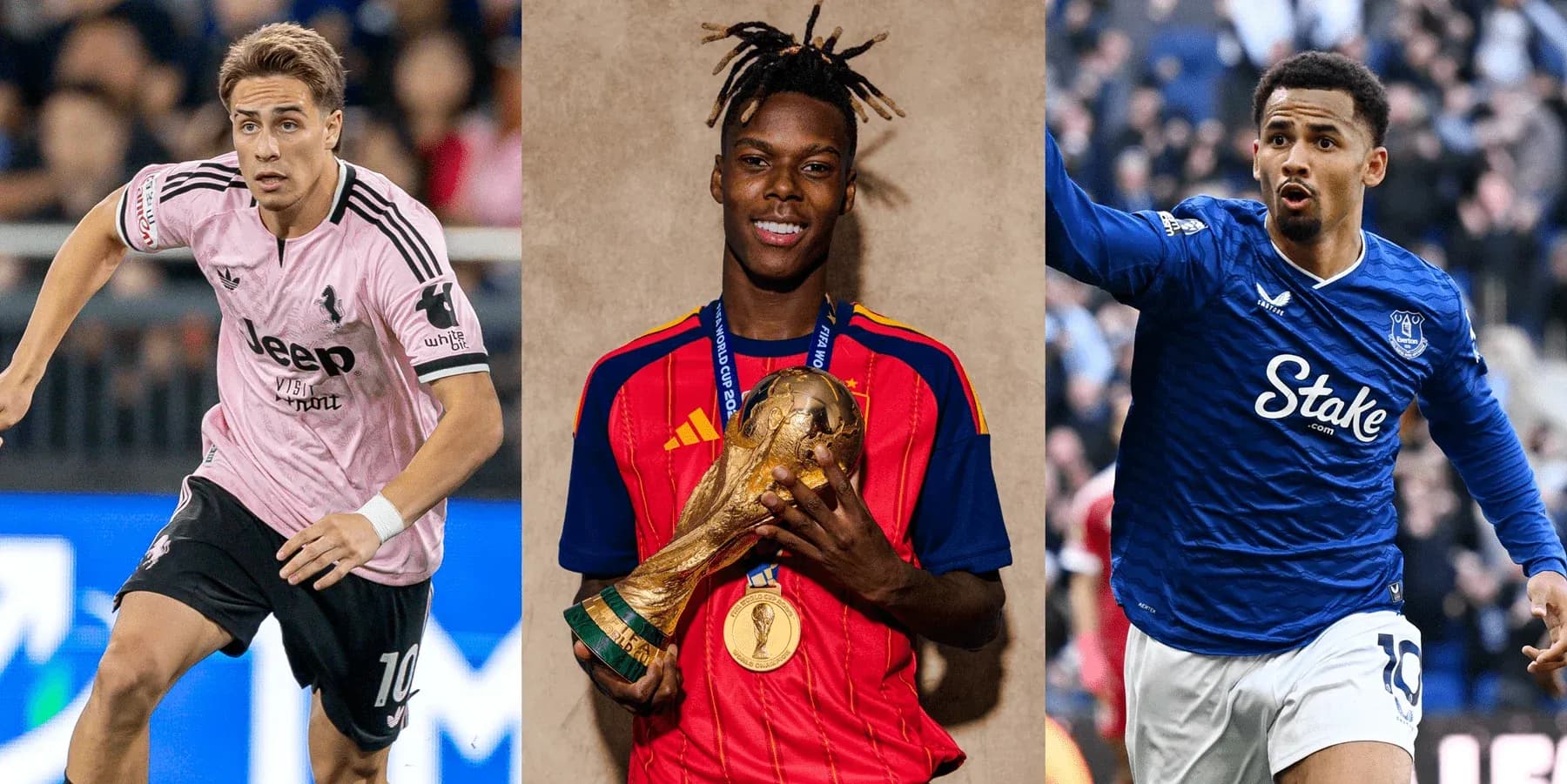 Tres futbolistas en acción y celebración
