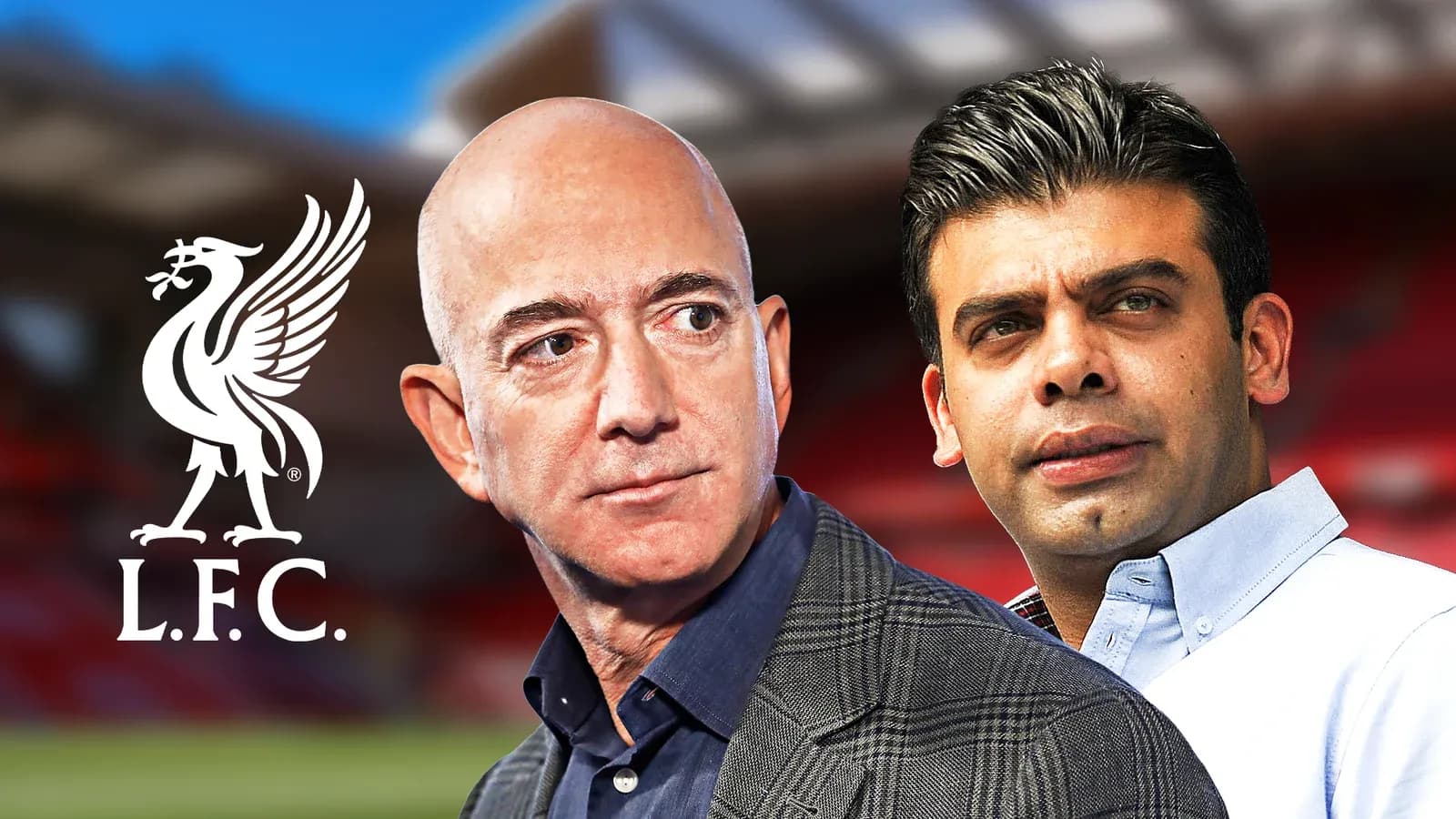 Jeff Bezos y otro ejecutivo con logo de Liverpool F.C.
