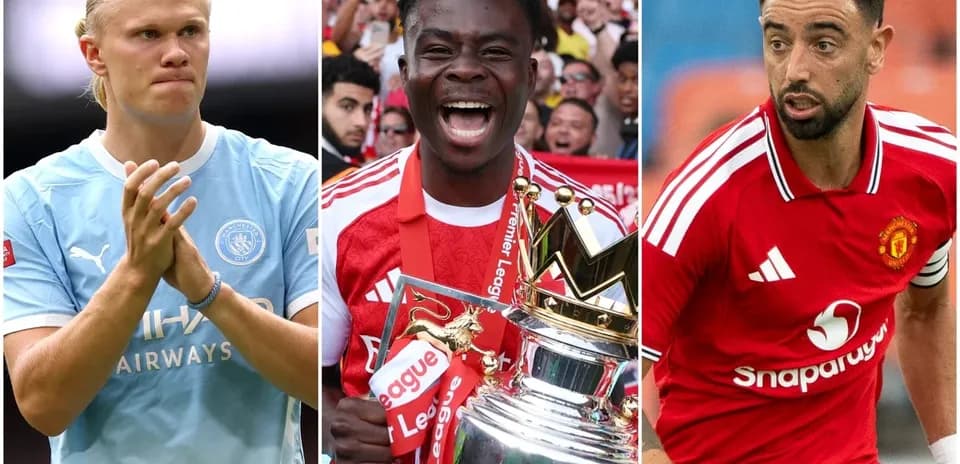 Tres futbolistas posando: Haaland, Saka y Fernandes