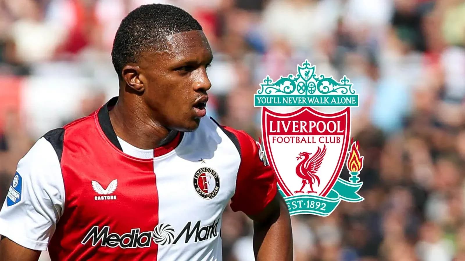 Jugador de Feyenoord con logo de Liverpool detrás