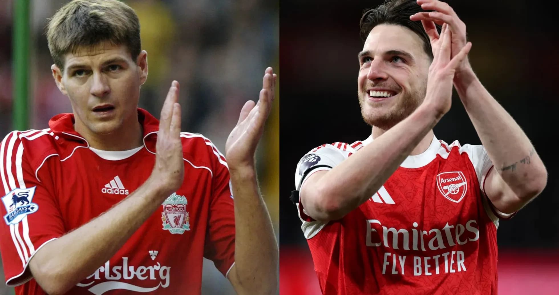Steven Gerrard y Declan Rice aplaudiendo en sus camisetas