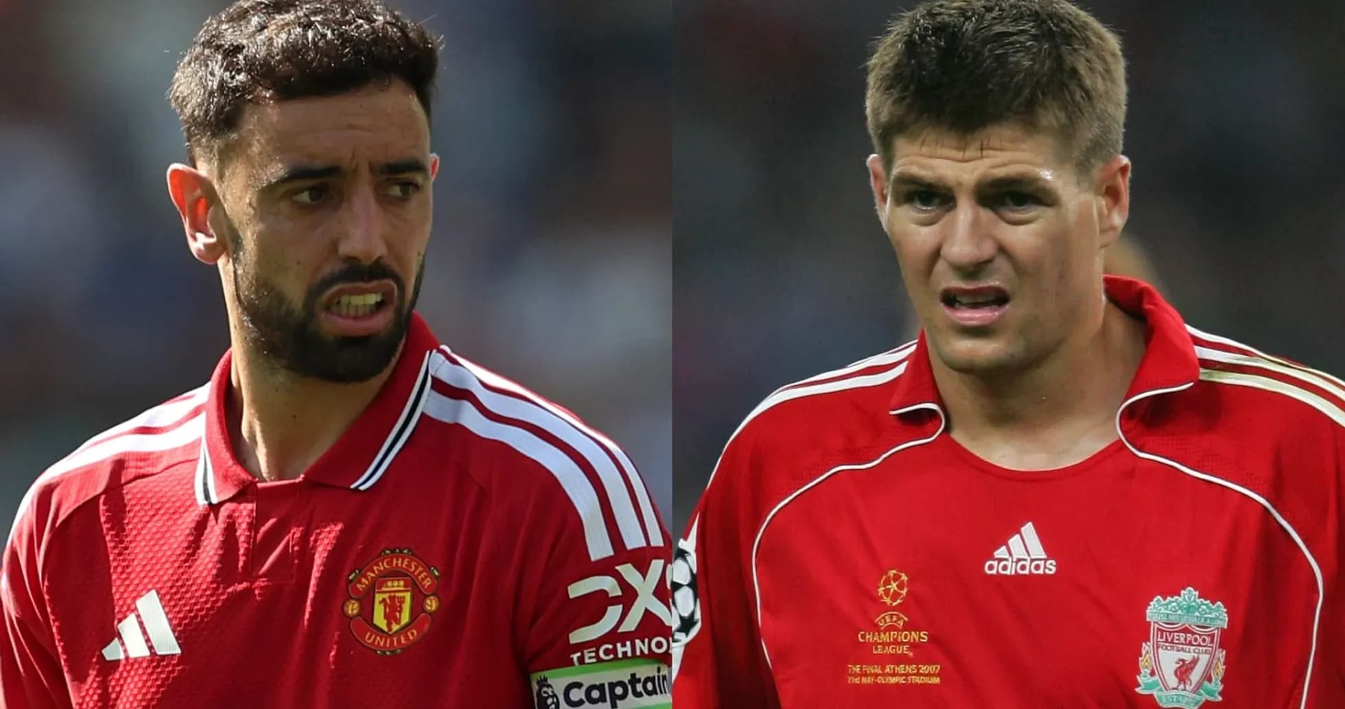 Bruno Fernandes y Steven Gerrard en camisetas de fútbol