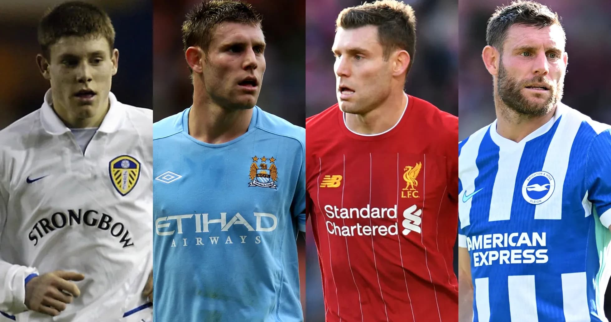 Cuatro futbolistas en diferentes camisetas de clubes