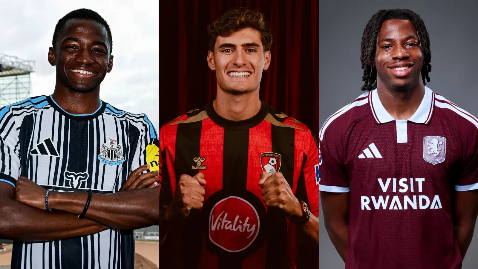 Tres futbolistas posando en sus camisetas de equipo