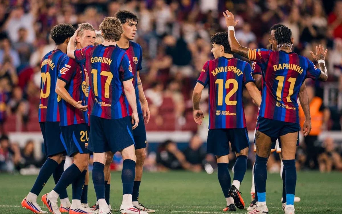 Jugadores del Barcelona celebrando en el partido
