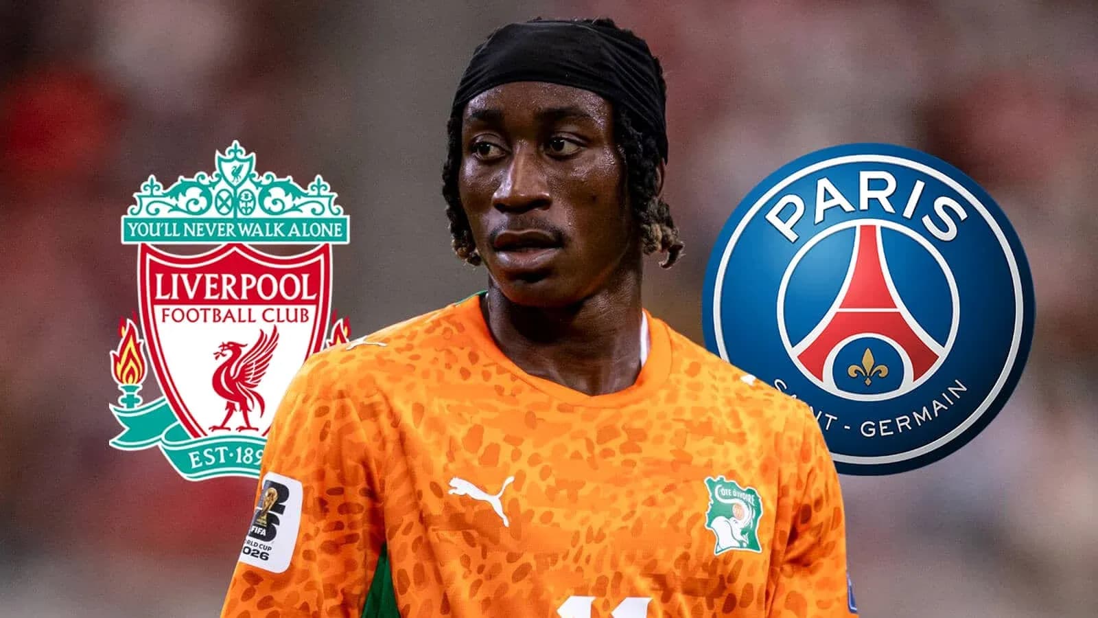 Jugador con camiseta de Costa de Marfil entre logotipos de Liverpool y PSG