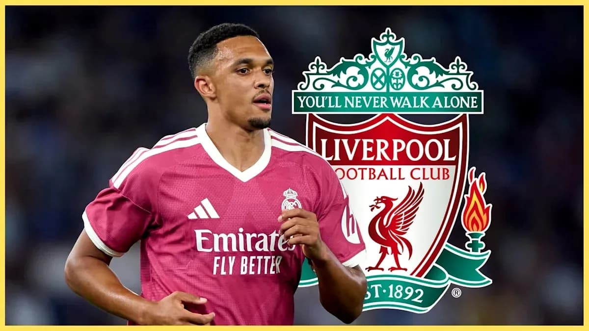 Jugador de fútbol con uniforme en fondo de logo de Liverpool