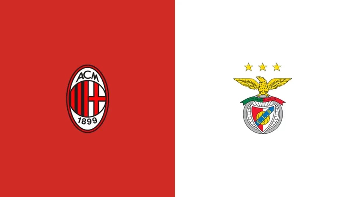 Logos de AC Milan y Benfica en fondo rojo y blanco