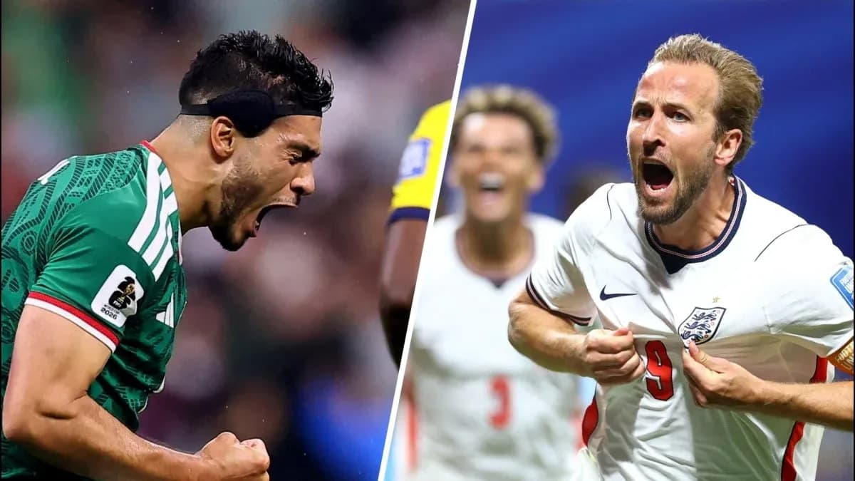 Jugadores de México e Inglaterra celebrando goles
