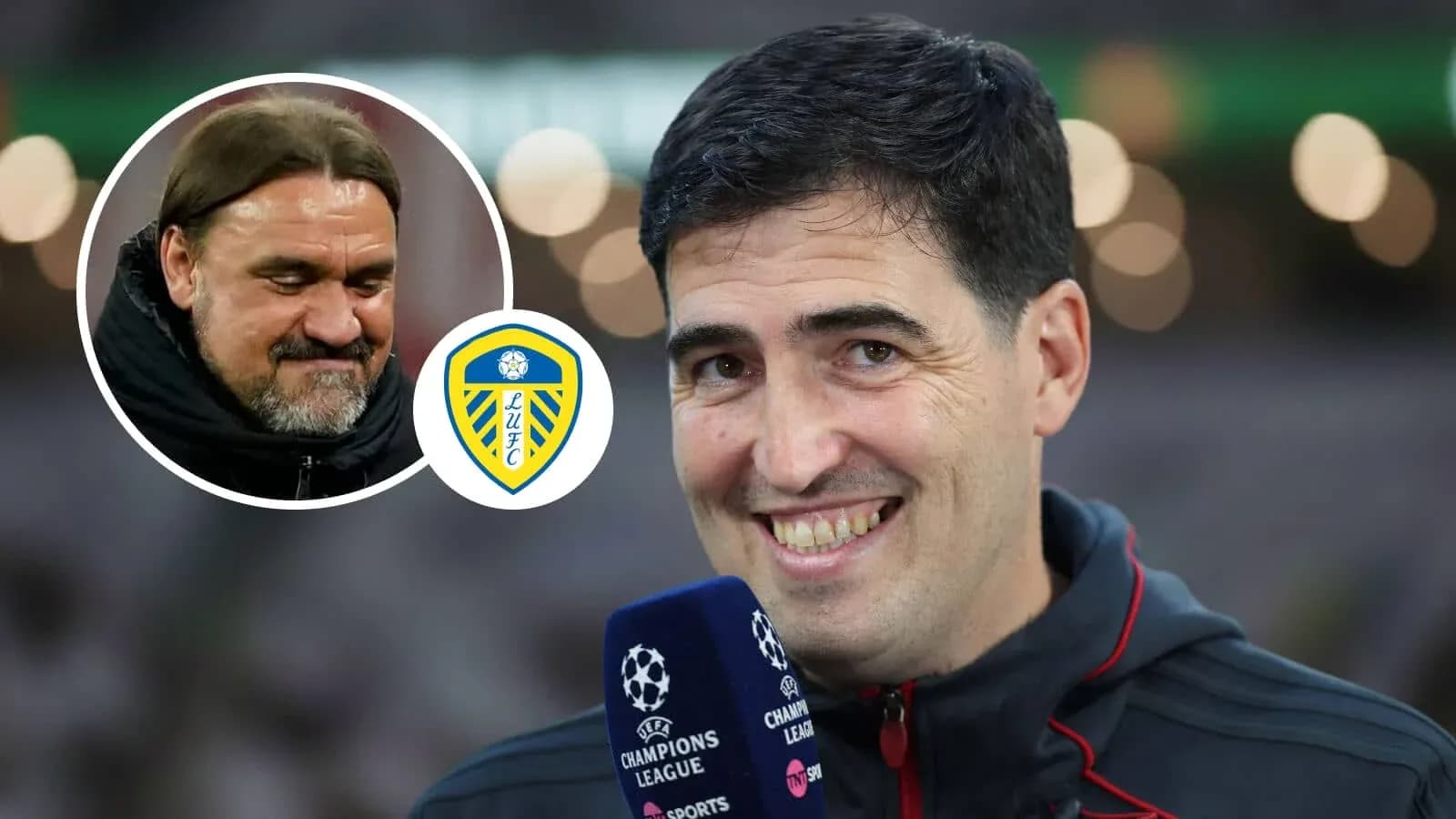 Entrenador sonriente en entrevista con logo de Leeds