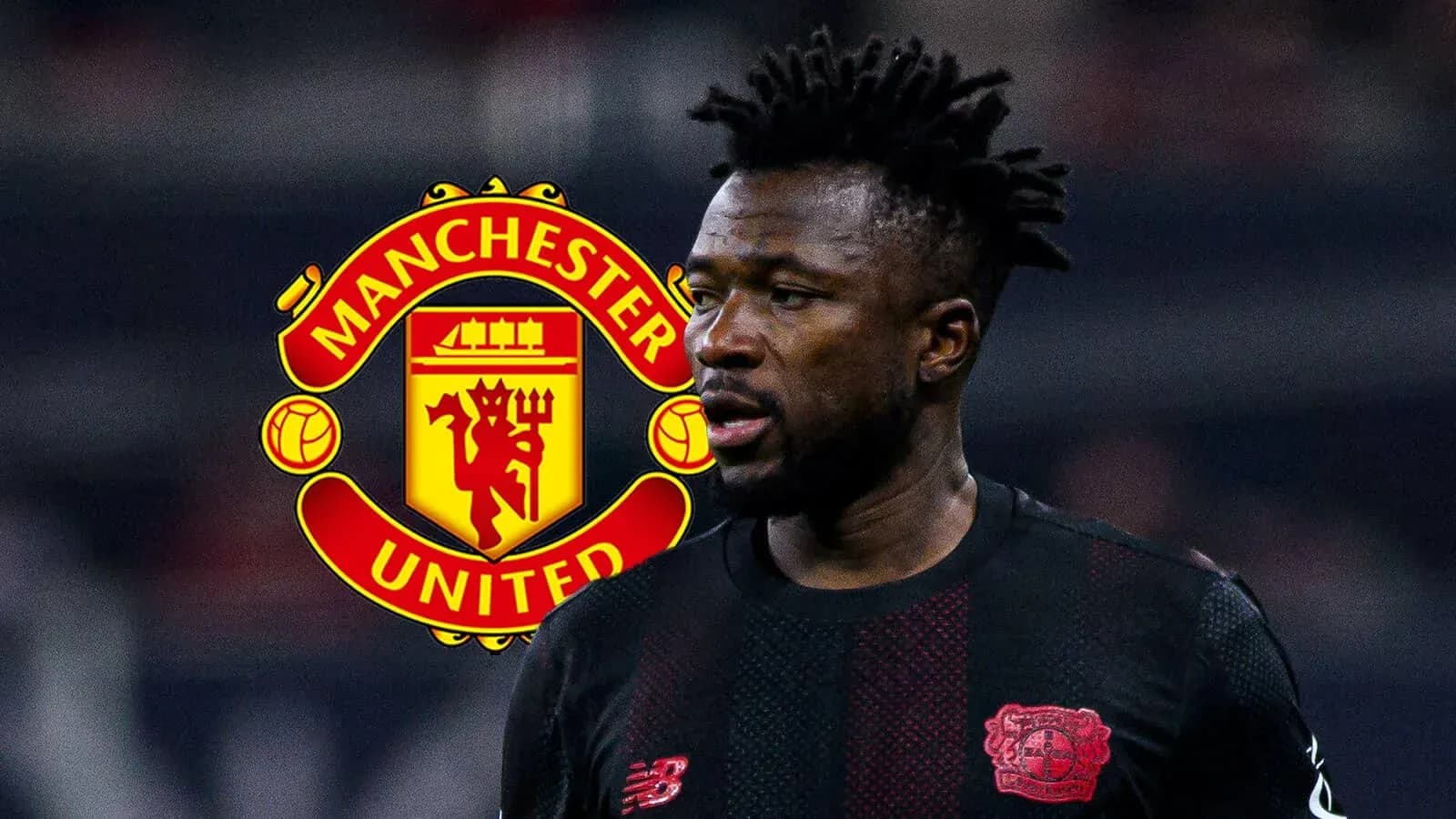 Jugador en primer plano con logo de Manchester United