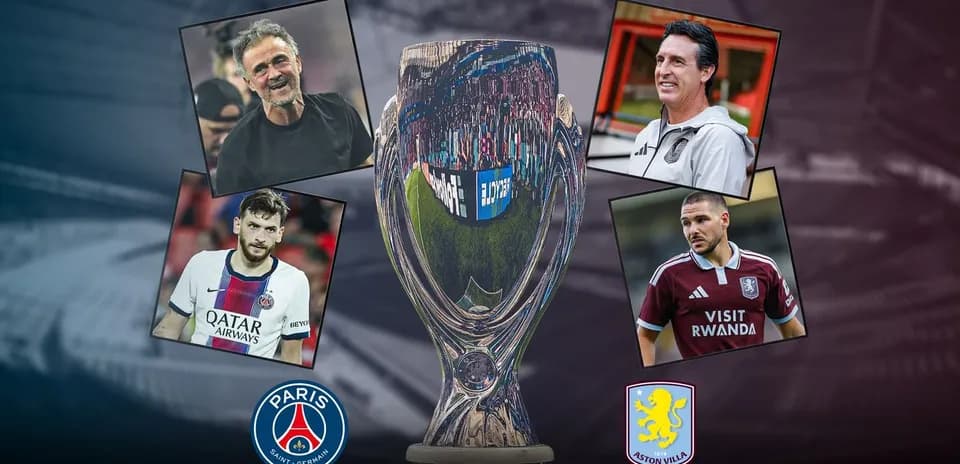 Entrenadores y jugadores en torno a trofeo Supercopa