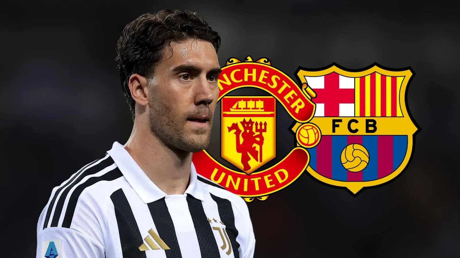 Jugador de Juventus con logos de Manchester United y Barcelona