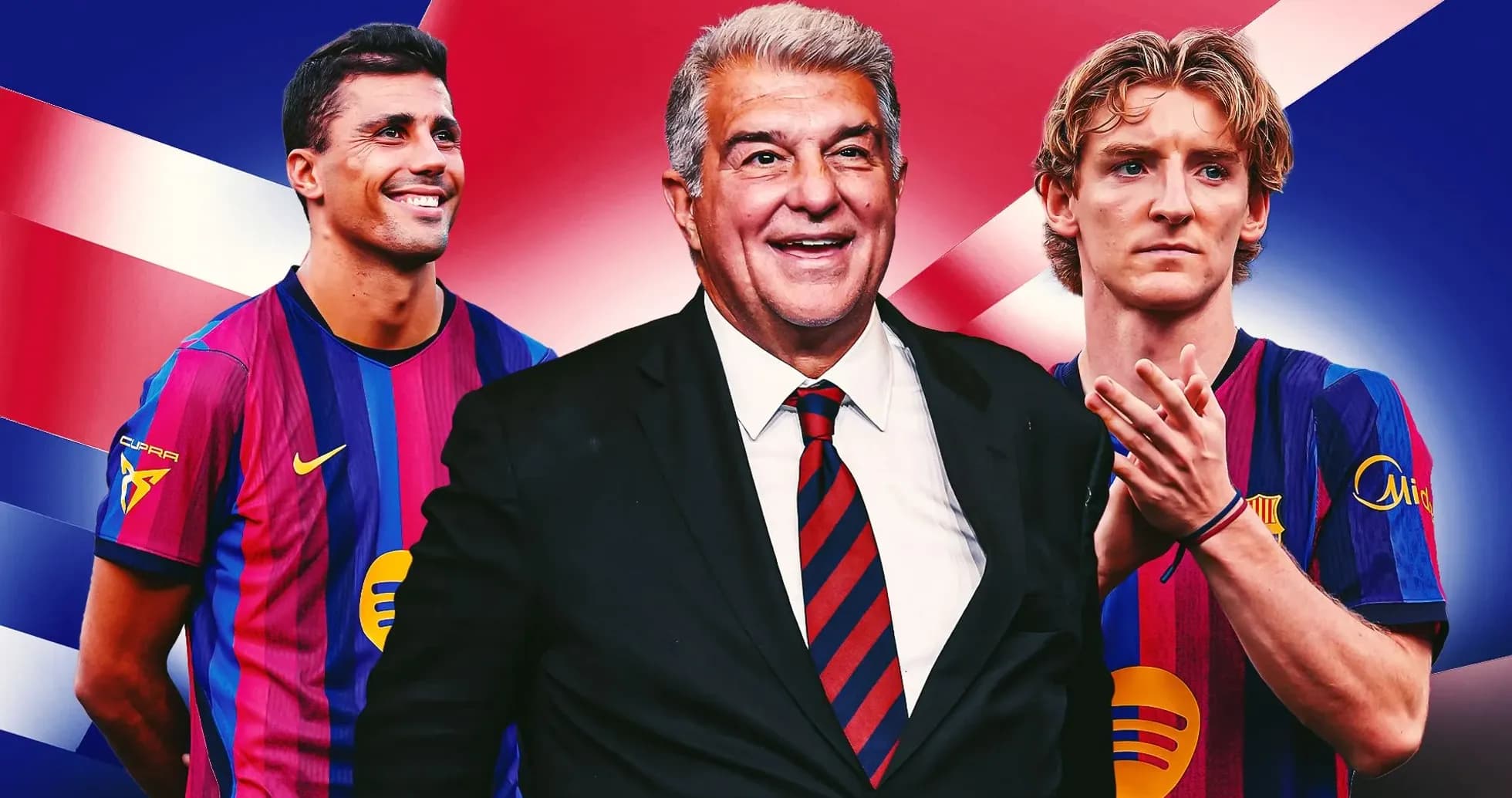 Jugadores de Barcelona y presidente en fondo colorido