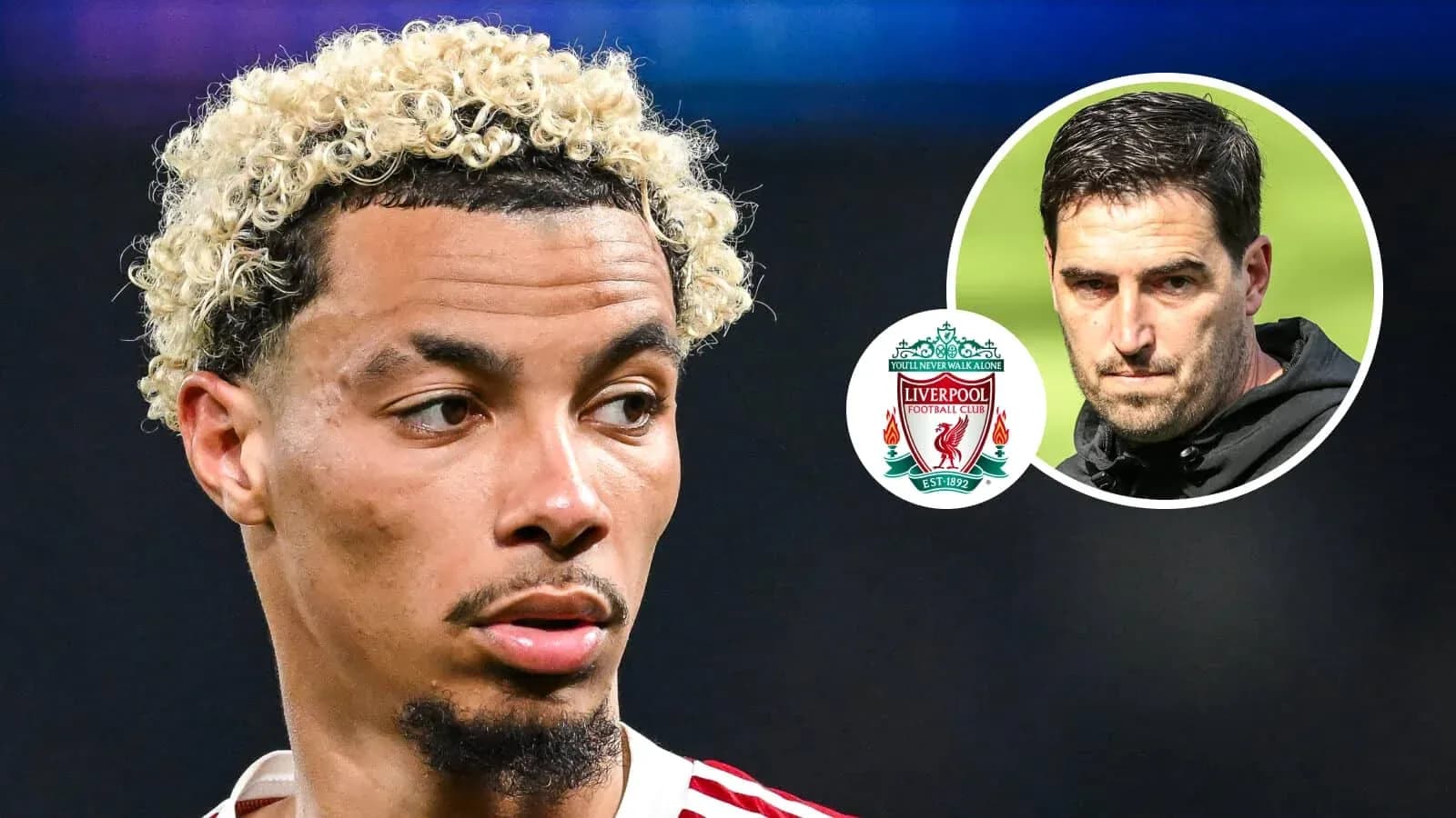 Jugador de fútbol con cabello rizado y logo de Liverpool