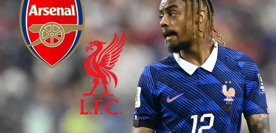 Jugador con camiseta de Francia junto a logos de Arsenal y Liverpool