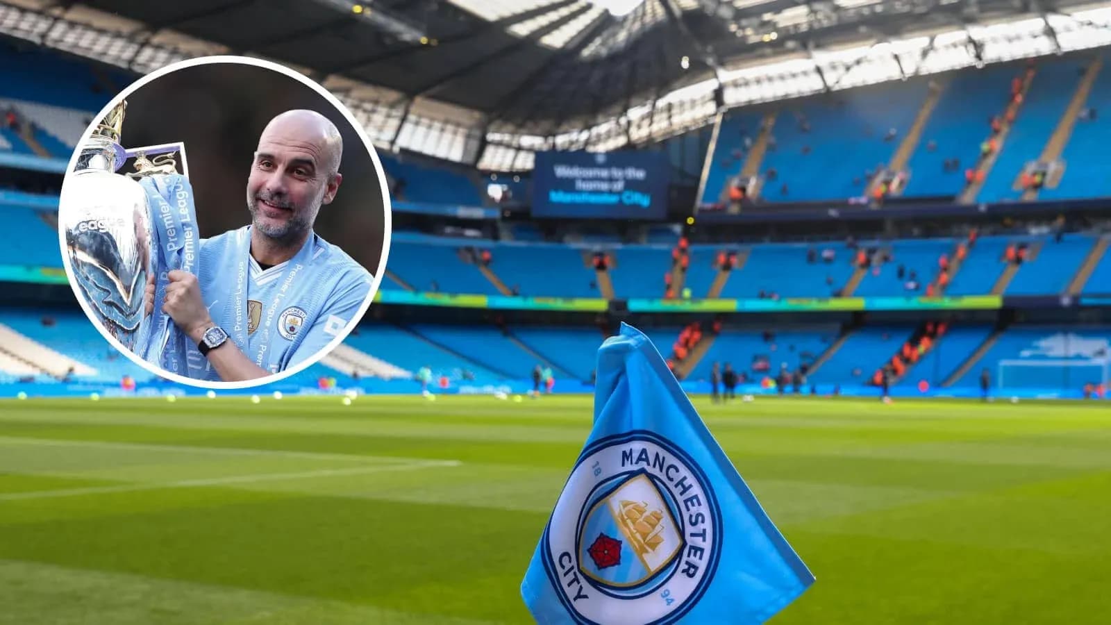Pep Guardiola sosteniendo trofeo en estadio vacío