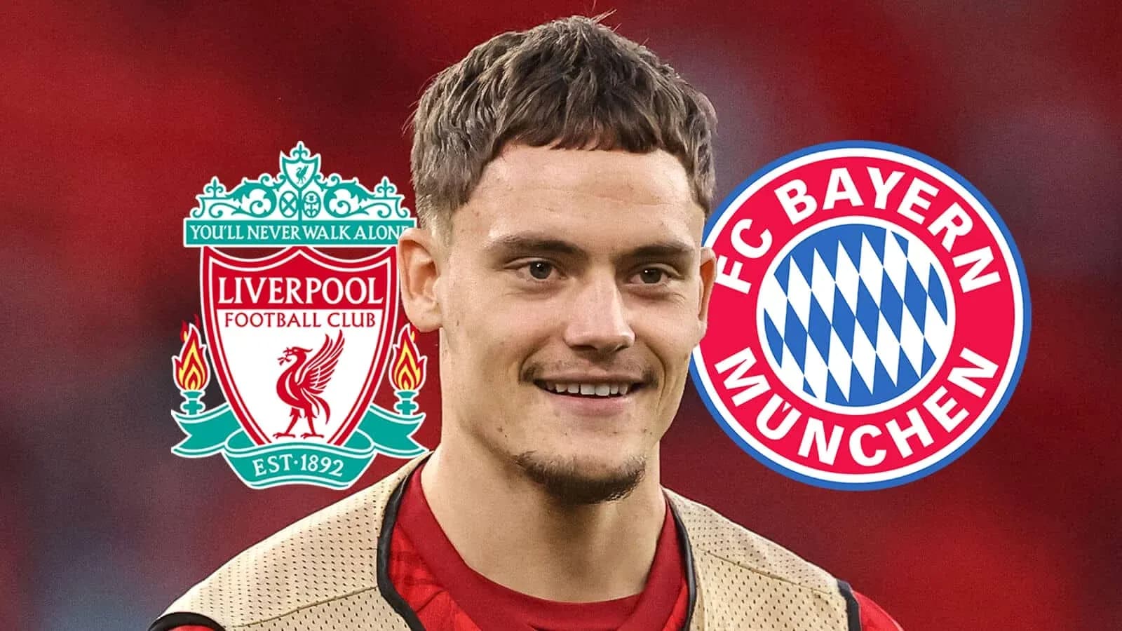 Jugador entre logotipos de Liverpool y Bayern Múnich Jugador entre logotipos de Liverpool y Bayern Múnich