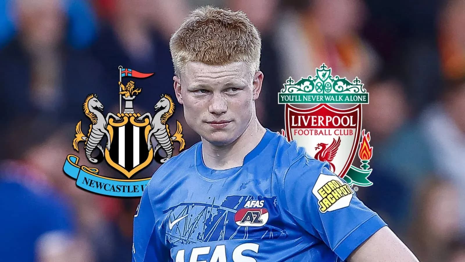 Jugador de fútbol con escudos de Newcastle y Liverpool Jugador de fútbol con escudos de Newcastle y Liverpool