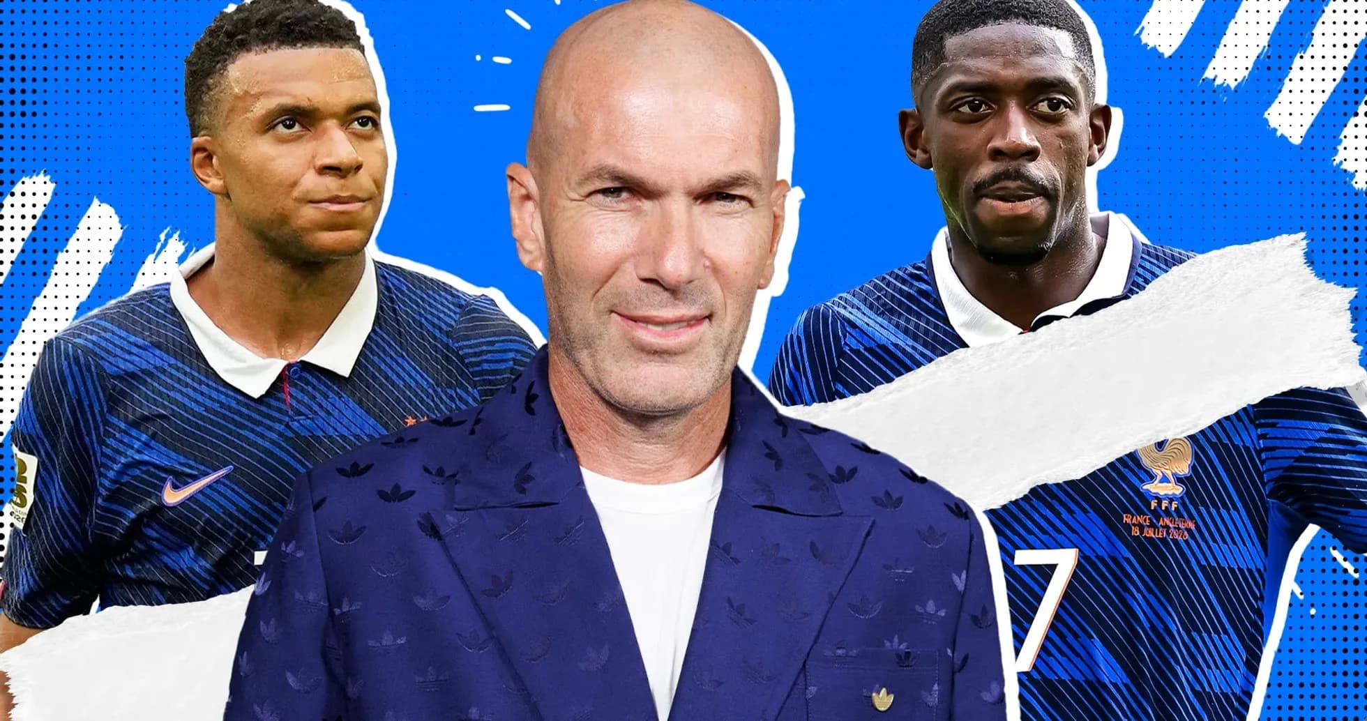 Mbappé, Zidane y Dembélé en fondo azul Mbappé, Zidane y Dembélé en fondo azul