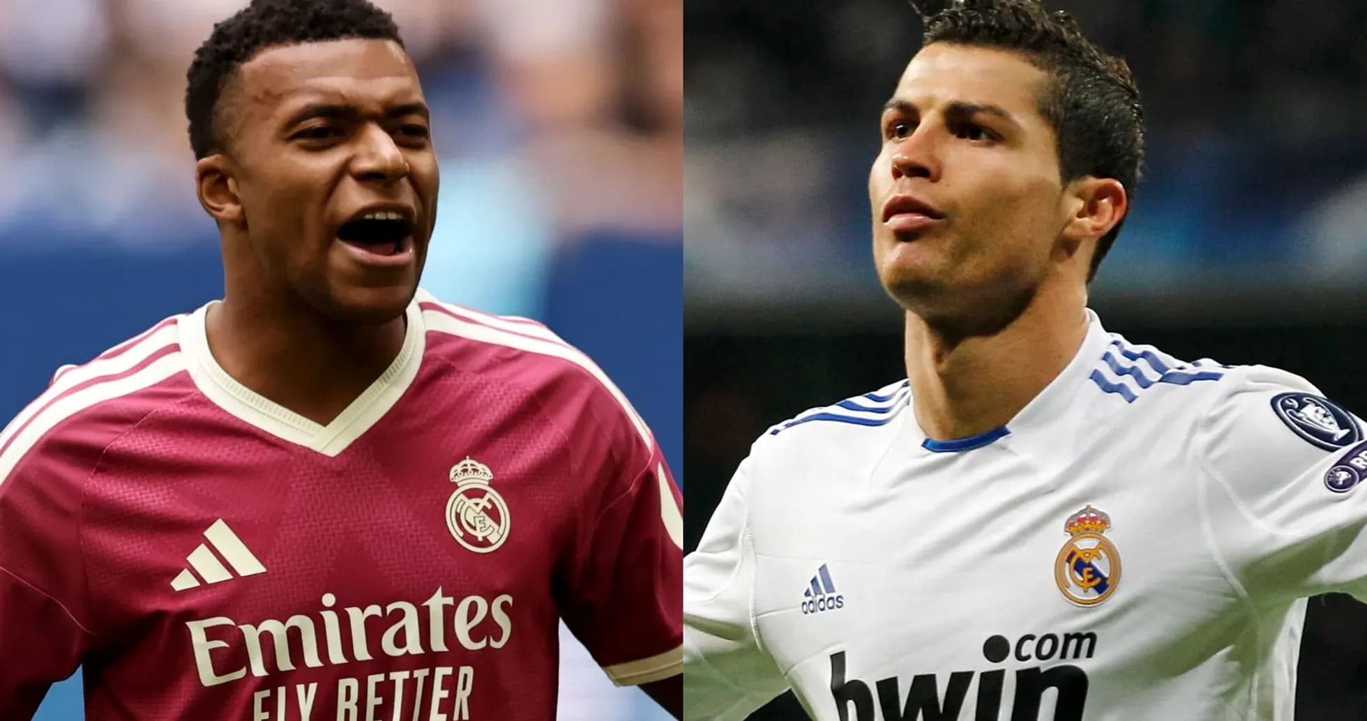 Kylian Mbappé y Cristiano Ronaldo en camisetas del Real Madrid Kylian Mbappé y Cristiano Ronaldo en camisetas del Real Madrid