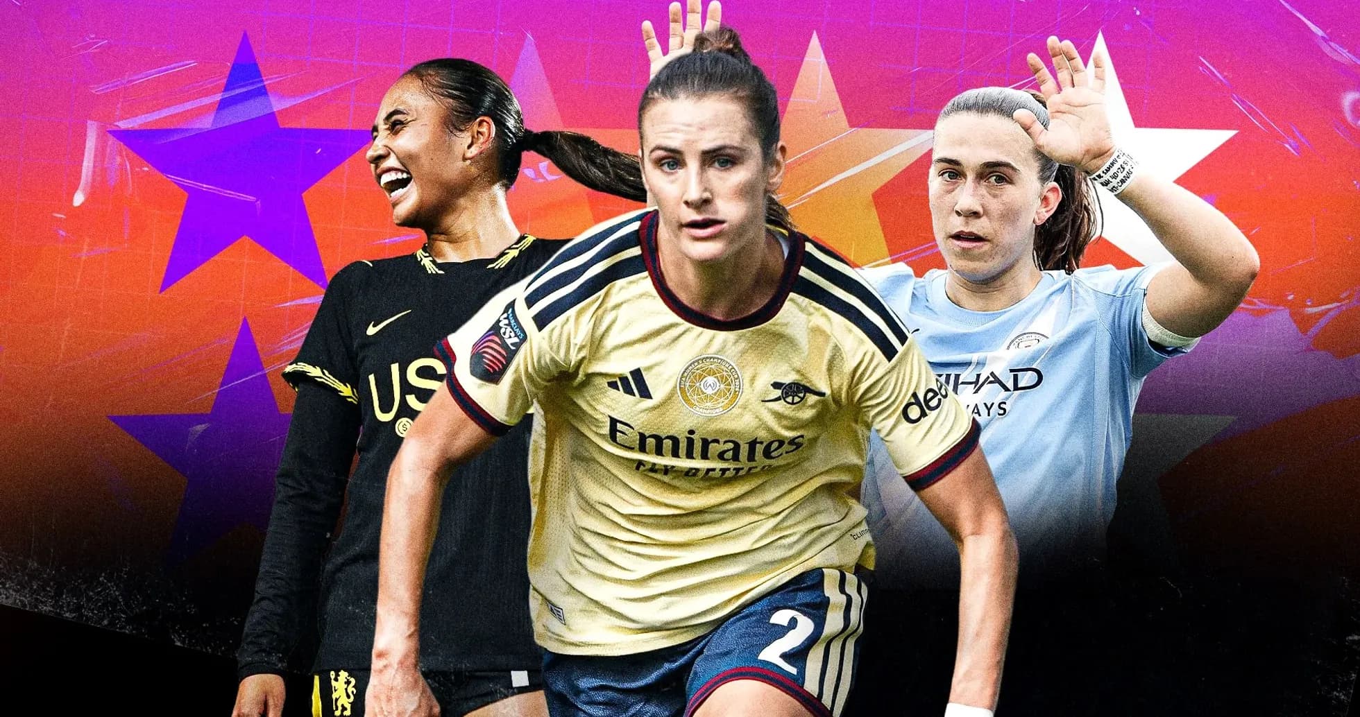 Tres jugadoras de fútbol en acción sobre fondo colorido Tres jugadoras de fútbol en acción sobre fondo colorido