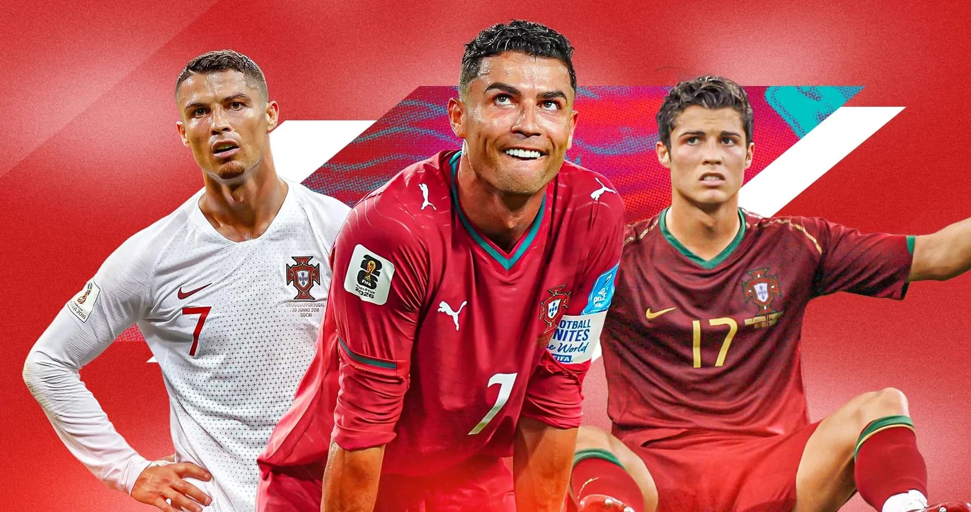Tres versiones de Cristiano Ronaldo en diferentes camisetas Tres versiones de Cristiano Ronaldo en diferentes camisetas