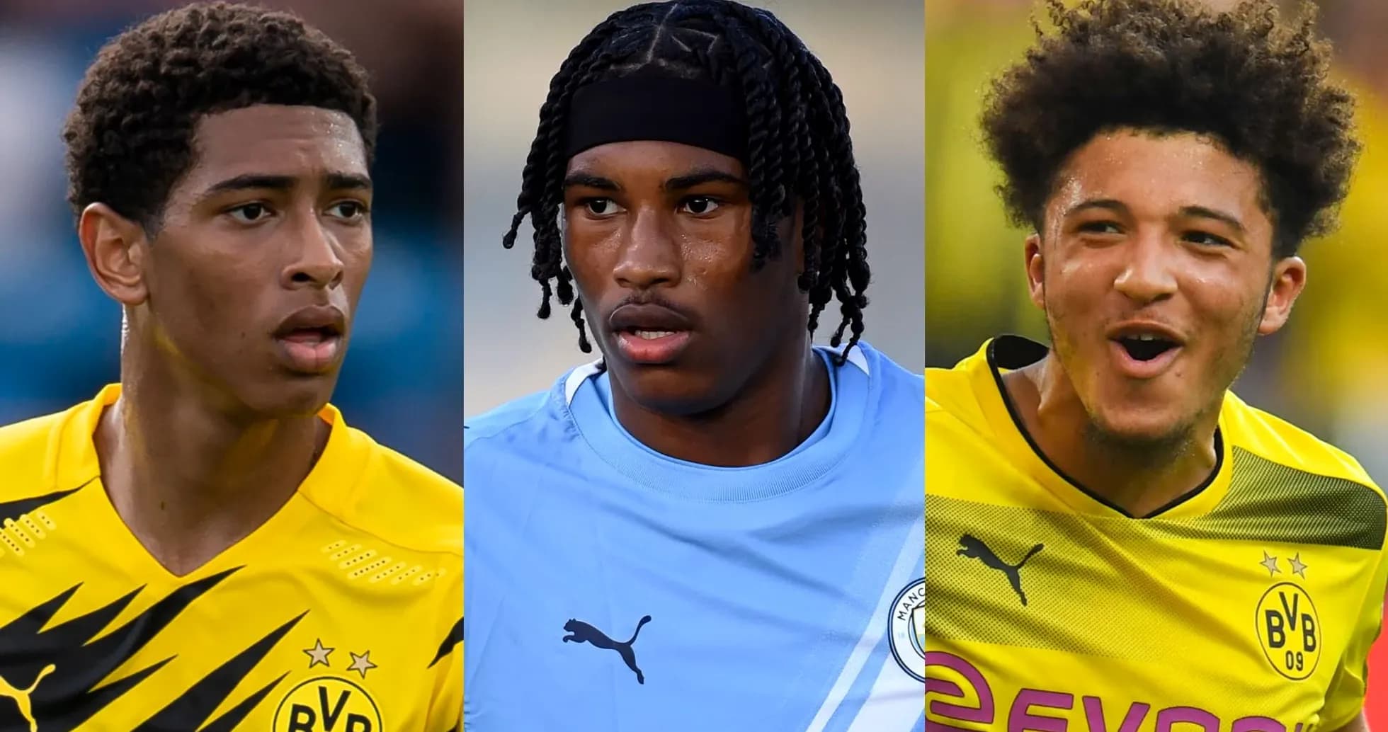 Tres jugadores de fútbol en diferentes camisetas Tres jugadores de fútbol en diferentes camisetas
