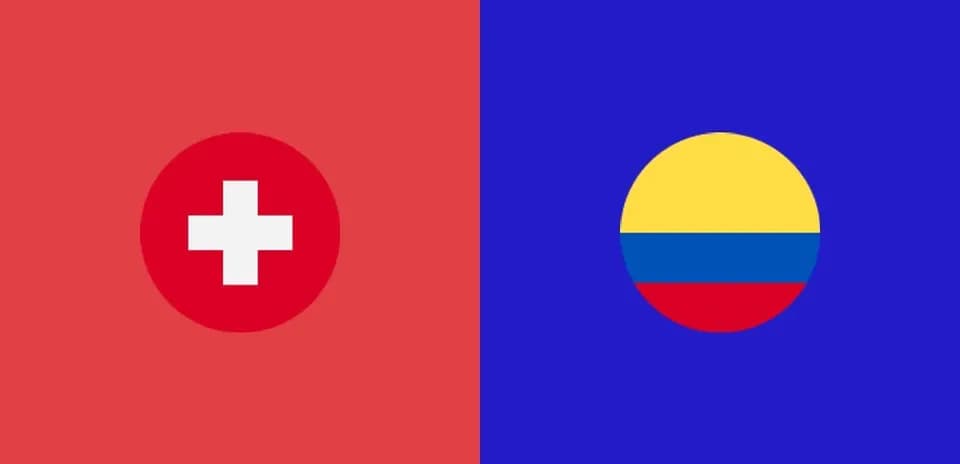 Banderas de Suiza y Colombia en fondo colorido Banderas de Suiza y Colombia en fondo colorido