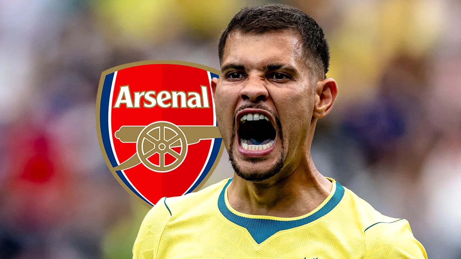 Jugador de Arsenal gritando con el logo del club Jugador de Arsenal gritando con el logo del club
