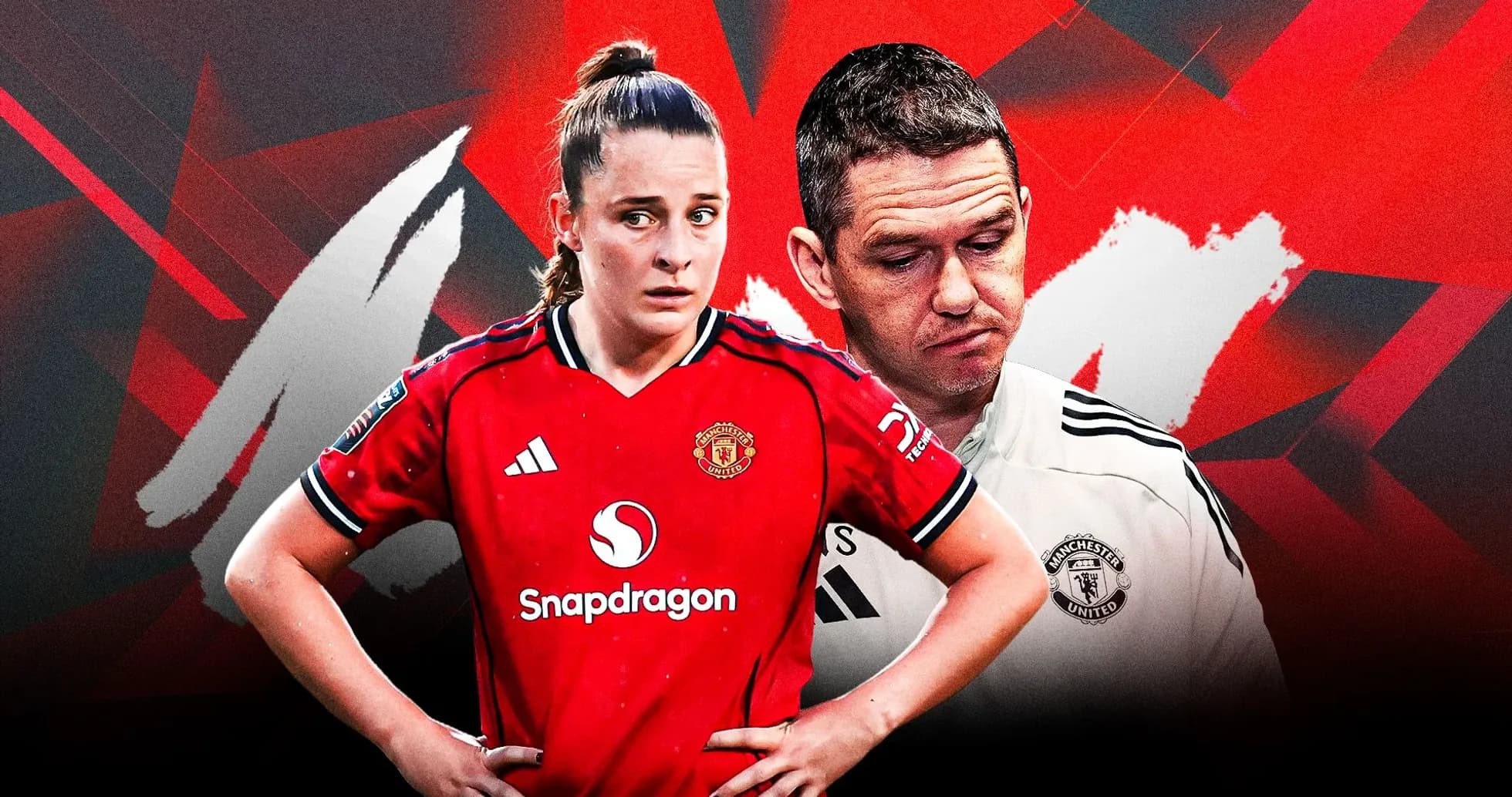 Jugadora y entrenador de Manchester United en primer plano Jugadora y entrenador de Manchester United en primer plano